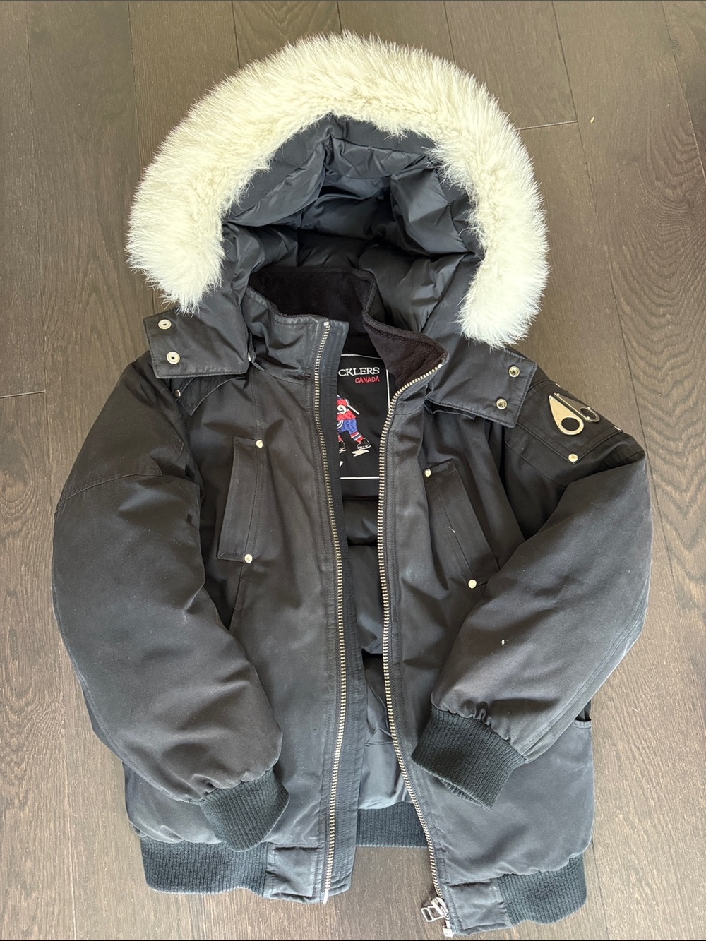 Moose Knuckles Black Men's Puffer Jacket with Cream Fur-Trim Hood